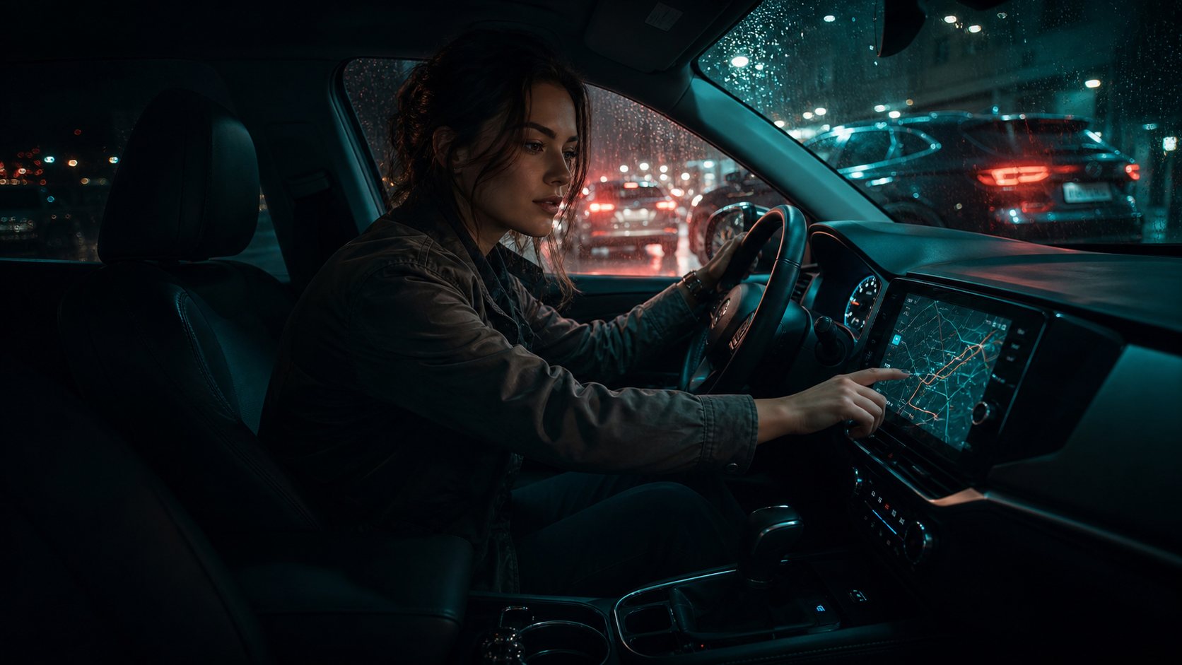 Selecting a Nissan route in the city at night