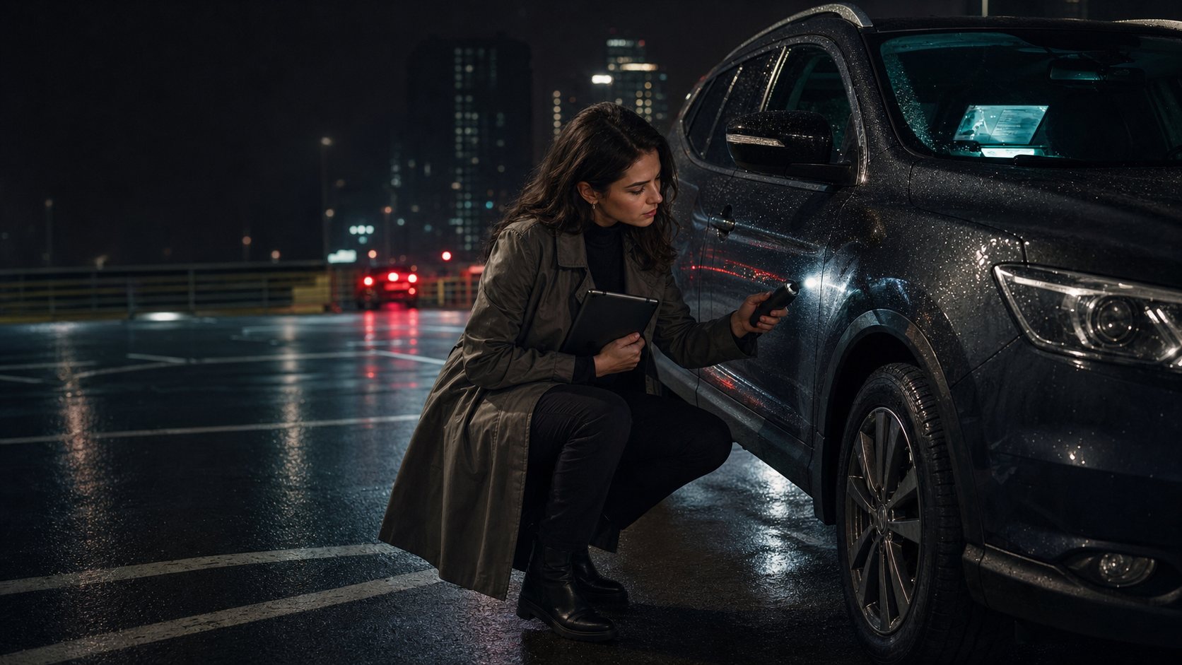 Pre-purchase inspection of Nissan in the evening parking lot